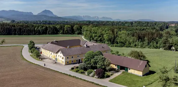 Schauflinger's Vierkanthof mit Nebengebäuden zwischen Feldern und Wald, Berggipfel im Hintergrund.